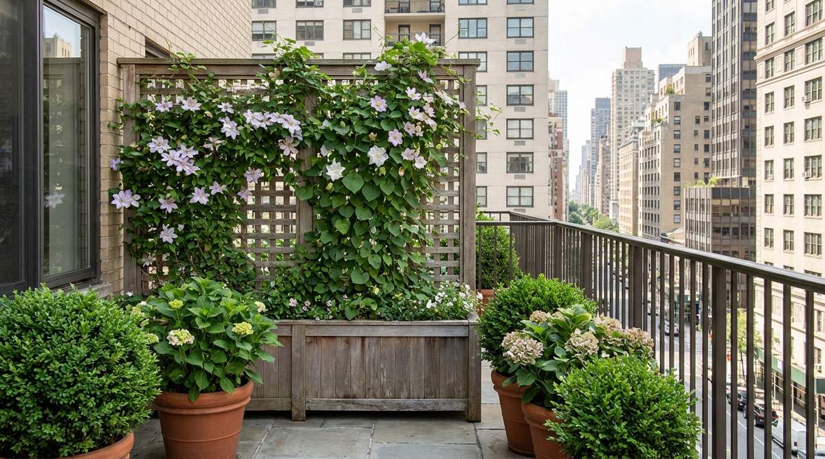 A freestanding lattice panel serving as a living wall on a New York City balcony, supporting climbing plants like clematis and moonflower vines while providing privacy and wind protection.