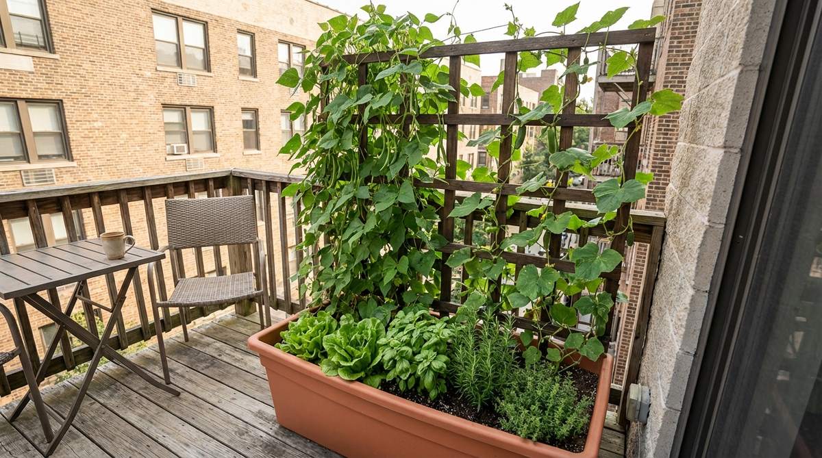 A vertical gardening setup combining a six-foot trellis with a large container, featuring climbing vegetables like pole beans or cucumbers trained upward and companion plants such as lettuce or herbs at the base, designed to maximize harvest in a small urban balcony space.