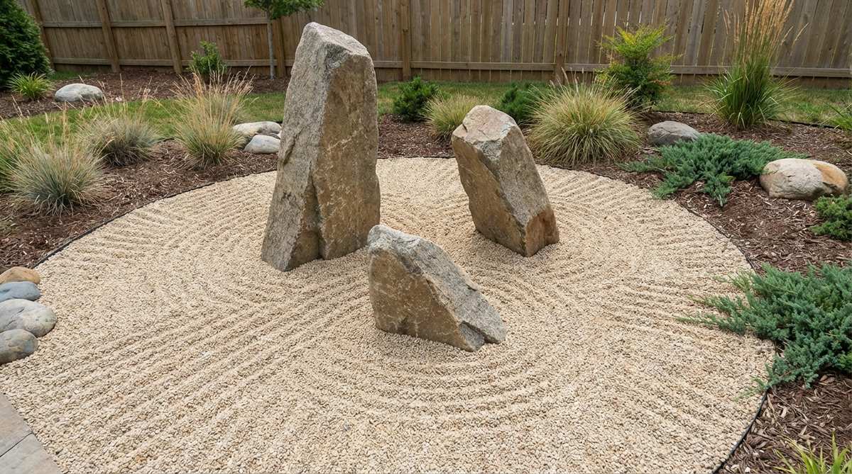 Three stones arranged in an asymmetrical triangular configuration symbolizing cosmic order in a Japanese stone garden. The tallest stone represents heaven, a medium stone symbolizes humanity, and the smallest embodies earth, with each angled inward toward the center. Surrounding gravel is raked in radiating fan patterns that extend outward from the triangular arrangement, creating visual interest and philosophical meaning while maintaining aesthetic balance.