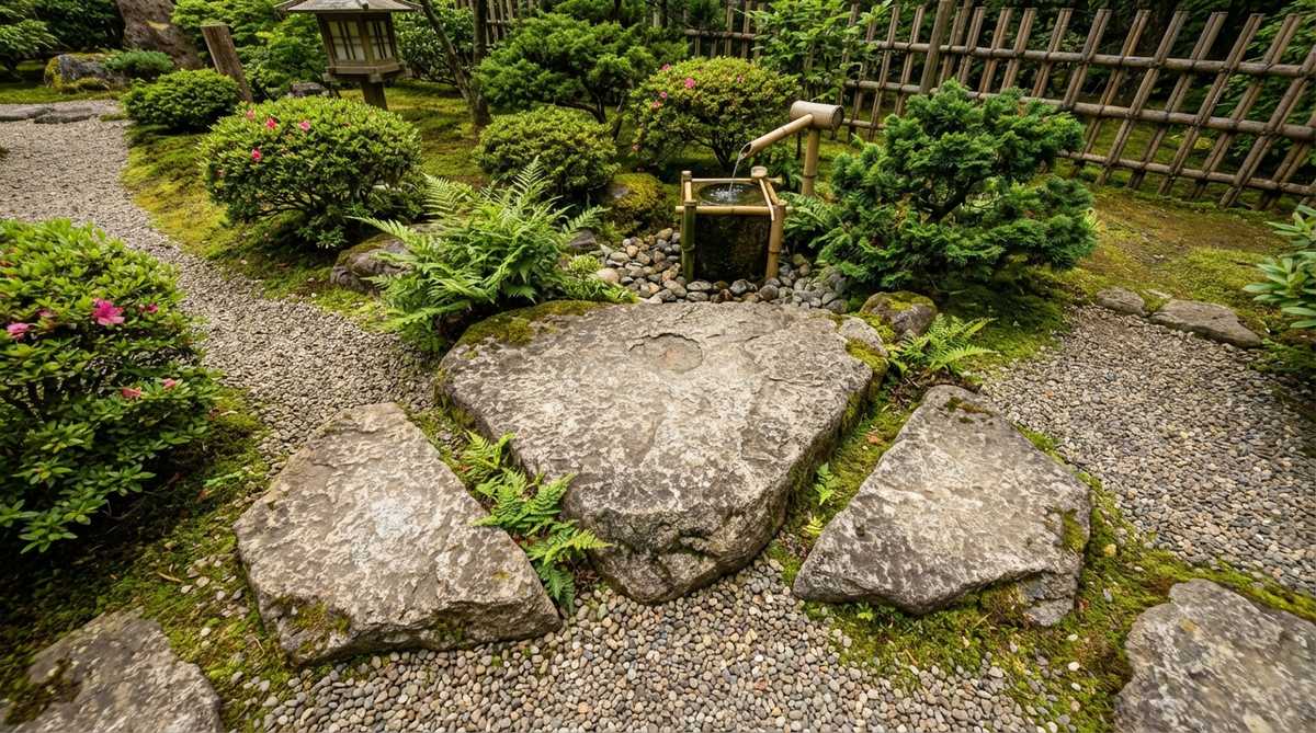 A composition of three stepping stones arranged in a triangular cluster at a path divergence in a Japanese garden, featuring a large central stone with two smaller flanking stones angled outward to guide visitors and create a visual anchor.