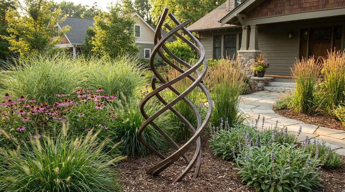A modern garden sculpture featuring an upward spiraling metal design that mimics organic growth patterns. Crafted from thick steel bars with fluid lines, it symbolizes vitality and dynamic energy, serving as a focal point in perennial borders to bridge natural and industrial elements.