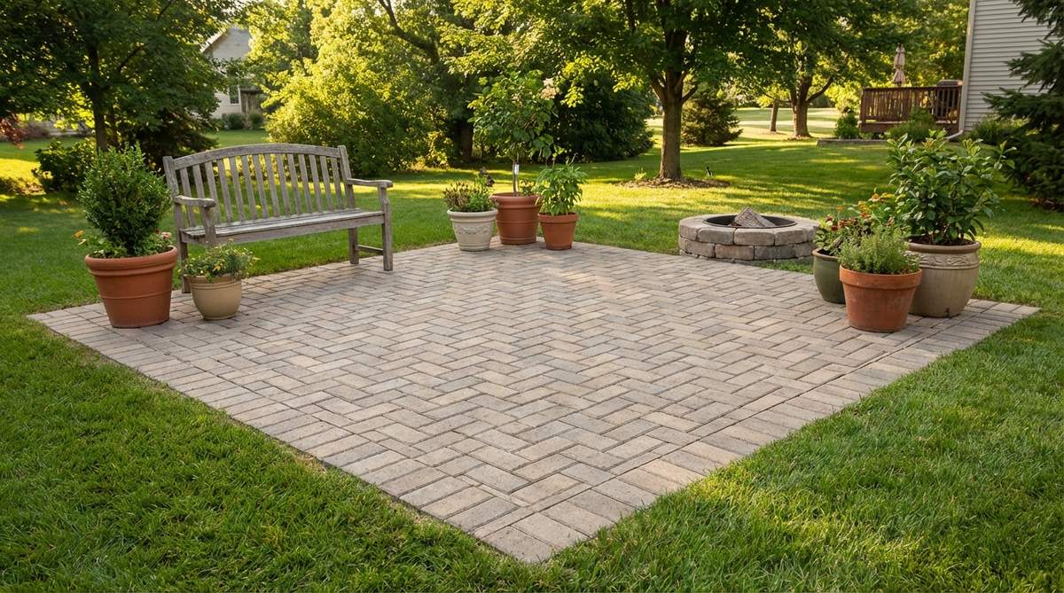 A small garden patio showcasing the classic 2:1 basket weave pattern with rectangular pavers alternating between horizontal and vertical orientations. The woven textile-like design adds visual interest to simple rectangular patios without overwhelming small spaces, with clean edge treatments framing the pattern.