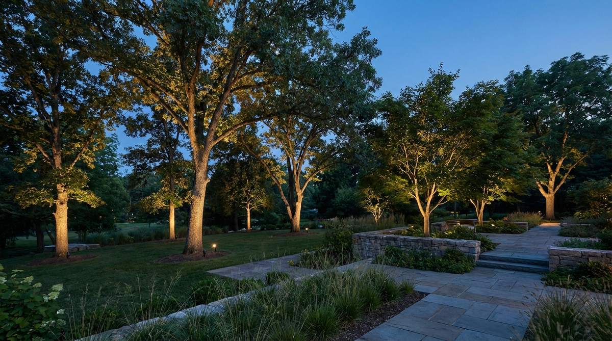 A dramatic outdoor lighting setup with ground-mounted spotlights illuminating tree canopies from below, creating silhouettes and adding dimension to a yard. The image shows fixtures positioned near tree trunks at a 30-45 degree angle, using low-voltage LED systems for energy efficiency and seasonal adaptability.