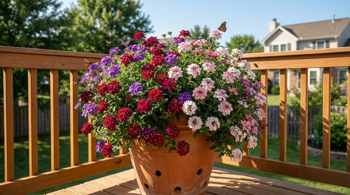 Low-growing verbena with clusters of small purple, pink, red, or white flowers attracting butterflies. Ideal for xeriscaping, trailing varieties cascade from planters and window boxes in full sun.