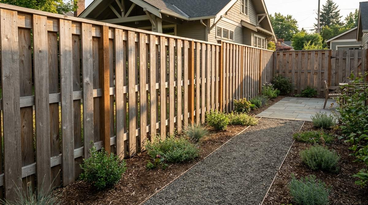 A detailed illustration of vertical shadow box fence construction showing boards mounted on alternating sides of rails with intentional gaps, creating a three-dimensional effect that balances privacy with airflow while reducing wind load.