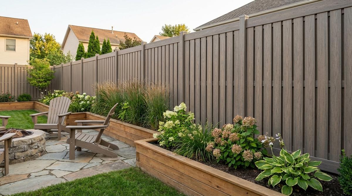 A modern vertical slatted composite fence installed in a small garden, showcasing its uniform appearance and neutral tones that complement diverse planting schemes. The composite material replicates wood aesthetics without requiring seasonal maintenance, resisting fading, warping, and insect damage for long-lasting beauty.