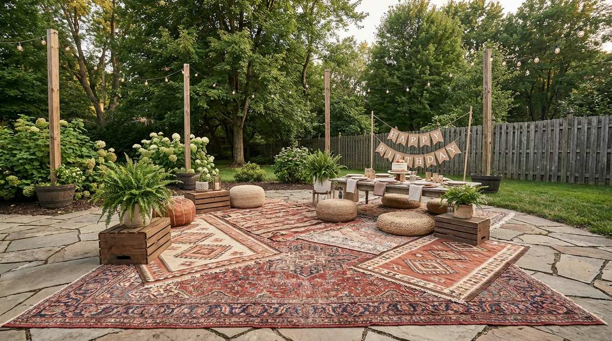 A layered arrangement of vintage rugs on an outdoor surface, featuring a large base rug with overlapping smaller Persian and Moroccan-style rugs in a consistent color palette, creating dimensional flooring for a boho decor birthday celebration.