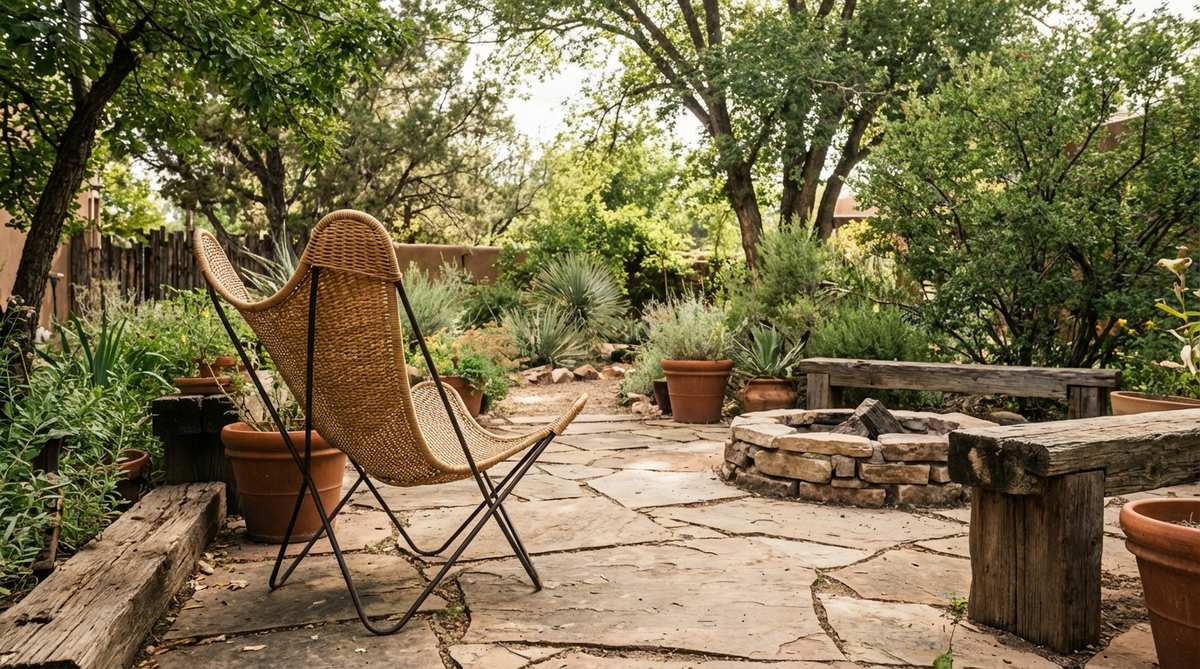 A vintage butterfly chair with woven rattan seating, shown in a boho garden setting with natural materials complementing surrounding greenery. The collapsible frame makes it portable and practical for seasonal storage while maintaining authentic mid-century boho appeal.