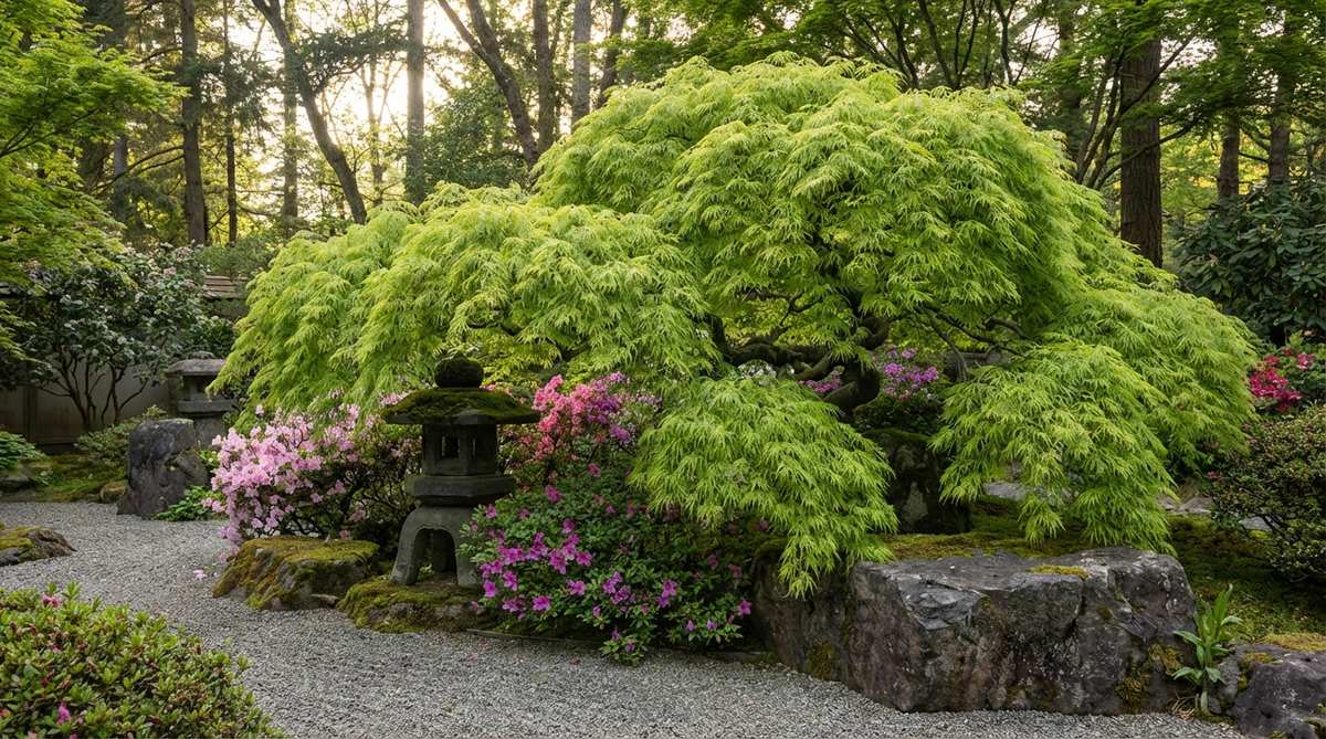 A weeping Viridis maple tree in a Japanese garden, showcasing its lime-green spring foliage that matures to medium green, with dissected leaves turning vivid yellow and orange-red in autumn. The cascading branches create a waterfall effect, brightening shaded areas and contrasting with dark stone elements and flowering azaleas.