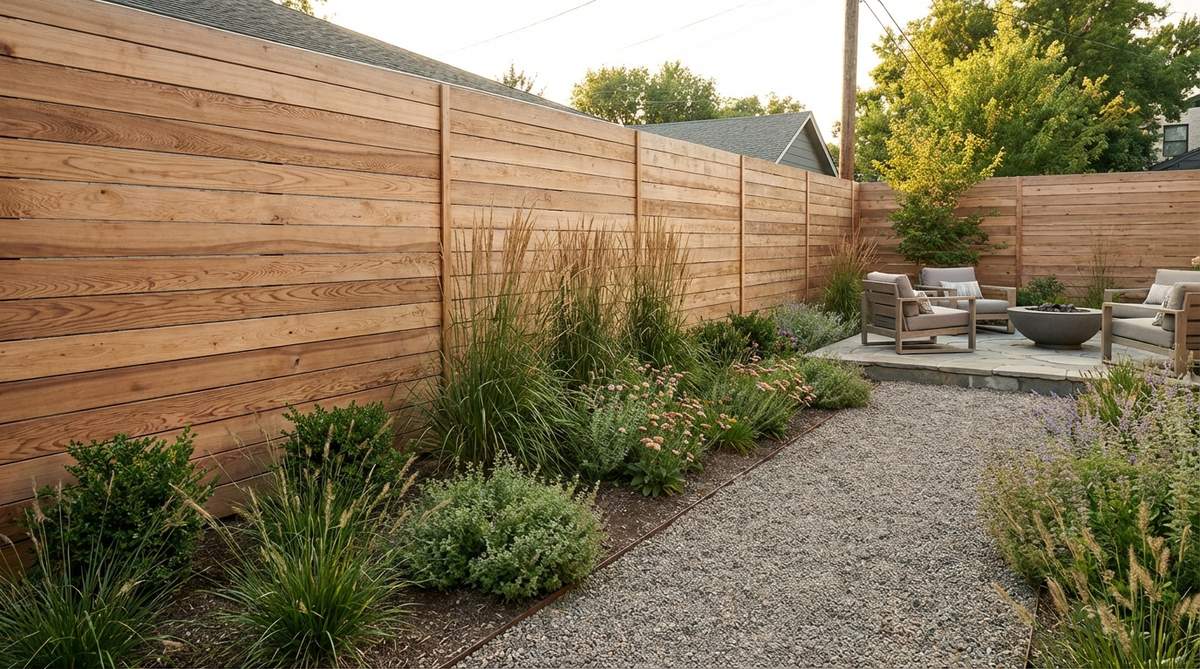 A modern garden fence featuring wide horizontal boards with clean lines, showcasing premium lumber grain patterns in a minimalist landscape design.