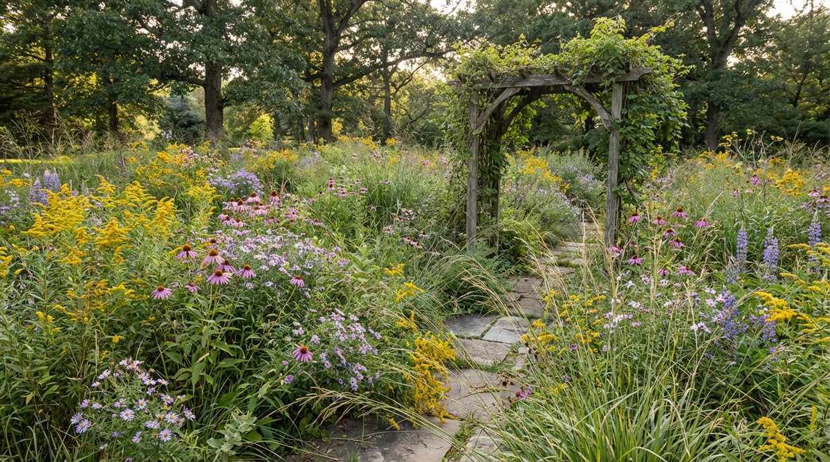 A romantic wildflower installation featuring loose clusters of local wildflowers and native grasses arranged in an overgrown, meadow-like display. The natural arrangement spills beyond defined structures with stems crossing at various angles to create authentic wild growth patterns, celebrating regional flora while providing high visual impact through volume and variety for garden wedding decor.