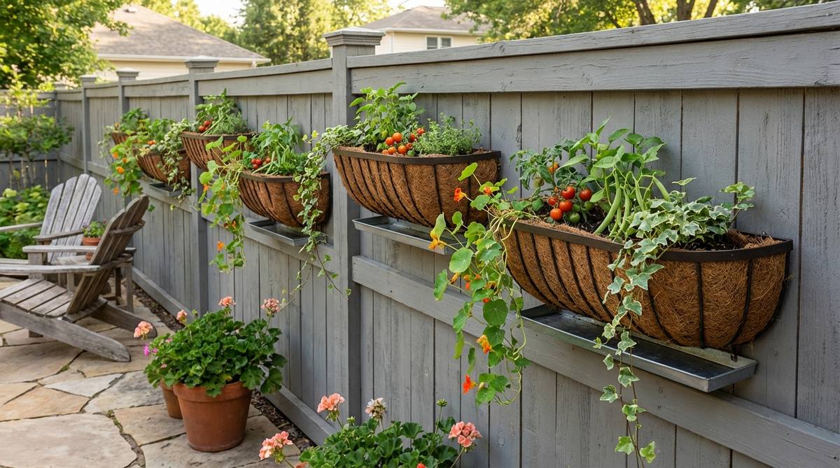 A flat-backed wire basket planter with coconut coir lining, attached to a fence panel or exterior wall, showcasing small vegetables and trailing plants in a terrace garden setting, with built-in drip trays to prevent staining and arranged in an asymmetric pattern for dynamic visual appeal.