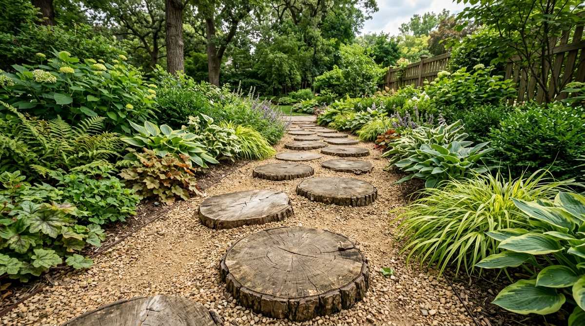 A close-up photograph showing wooden stepping stones made from timber rounds arranged in a garden pathway. The image highlights the natural wood grain and growth rings of the wooden rounds, which are set in sand and surrounded by decomposed granite or pea gravel. The pathway guides visitors through lush planting beds, demonstrating an organic and rustic garden decor element.