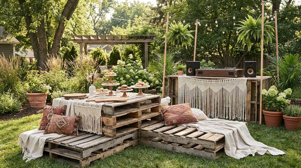 Reclaimed wooden shipping palettes stacked to create multi-level platforms for seating areas, dessert displays, or DJ equipment at a boho-themed party. The weathered wood surfaces are sanded smooth but retain authentic wear marks, adding rustic texture that contrasts with softer fabric elements like cushions and drapes. This sustainable decor approach repurposes industrial materials into functional party infrastructure with a natural, earthy aesthetic.