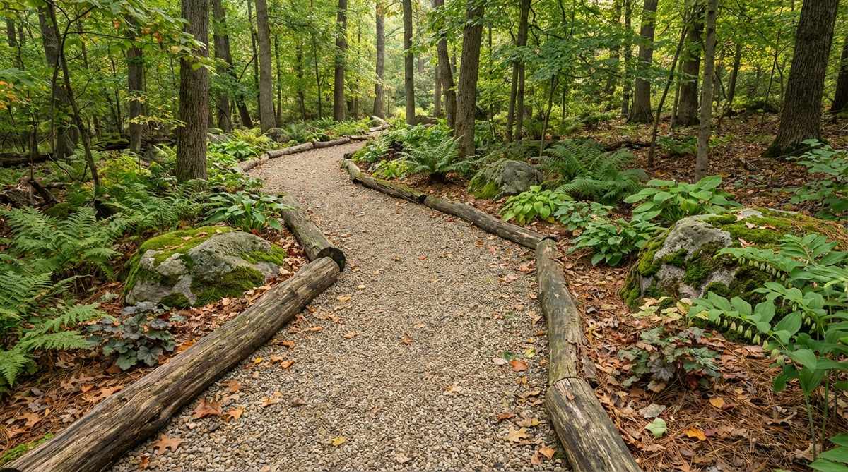 A naturalistic pea gravel path winds through a woodland garden, blending with the forest floor under established trees and shade plantings. The permeable gravel surface allows tree roots to access water and air while maintaining an intimate 3-4 foot width with natural edging elements like fallen logs and boulders. Neutral gravel color disappears into the landscape, highlighting specimen plants and seasonal interest as fallen leaves blend seamlessly into the surface.
