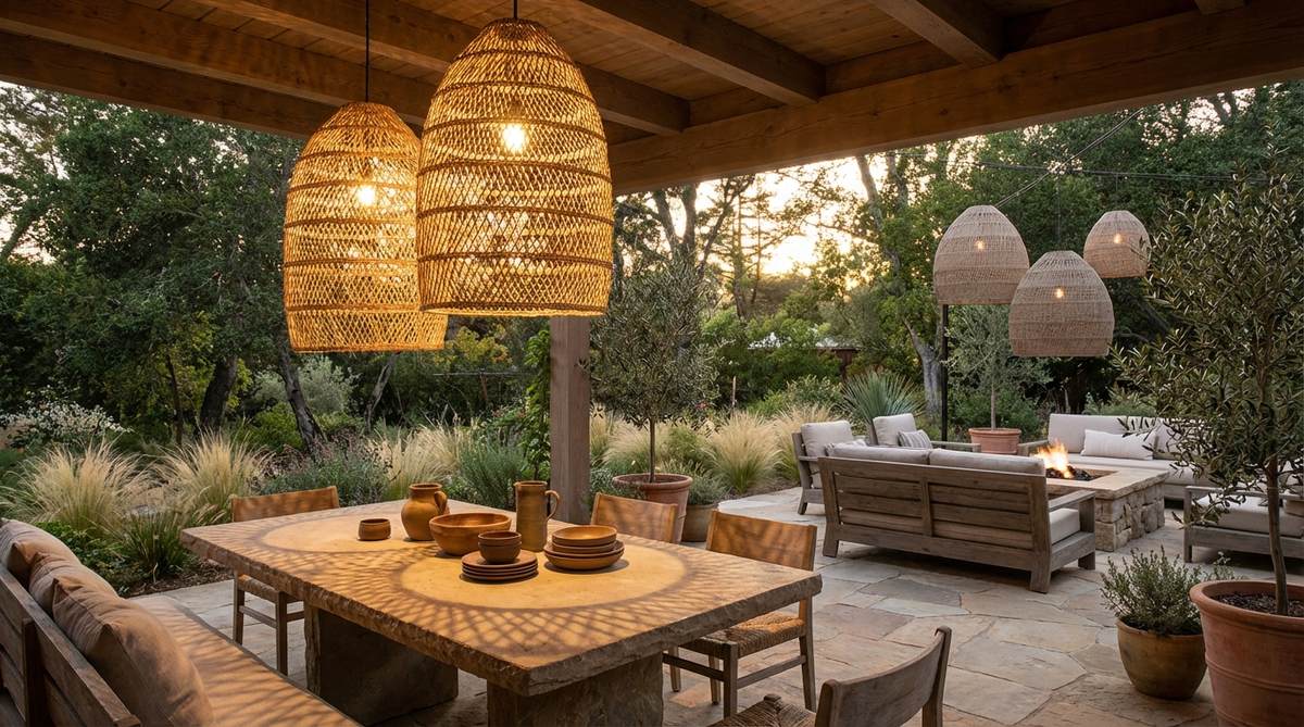 Handwoven raffia pendant lights casting intricate shadow patterns, inspired by traditional African basket-weaving techniques. These natural fiber lights provide ambient illumination over dining areas and seating zones, with weather-resistant versions suitable for covered patios. The golden tone of raffia complements earth-tone color palettes while adding textural contrast to smooth surfaces.