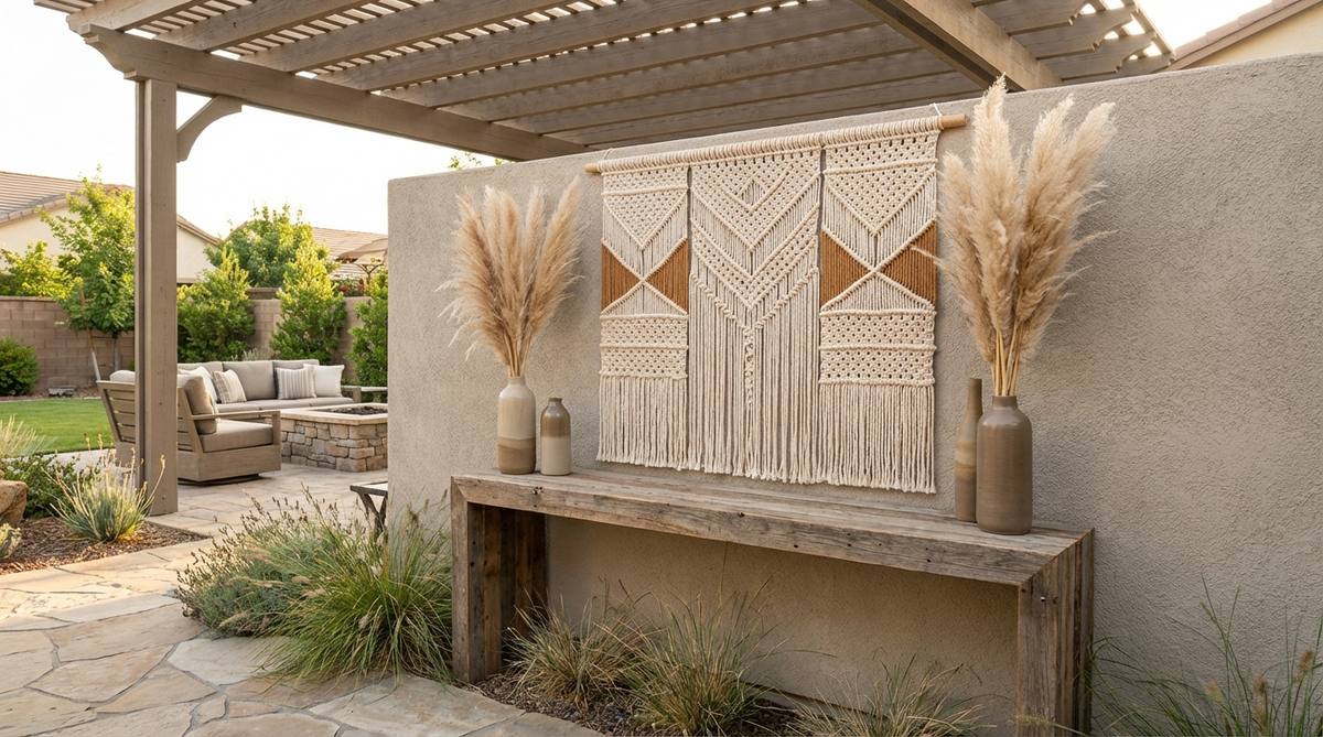 A large-scale woven wall hanging in cream and caramel tones, hand-knotted with artisan craftsmanship, hanging 6-8 inches above a reclaimed wood console. Flanked by tall dried pampas grass in ceramic vessels, this fiber art piece softens hard architectural lines, embodying the boho philosophy in western decor.
