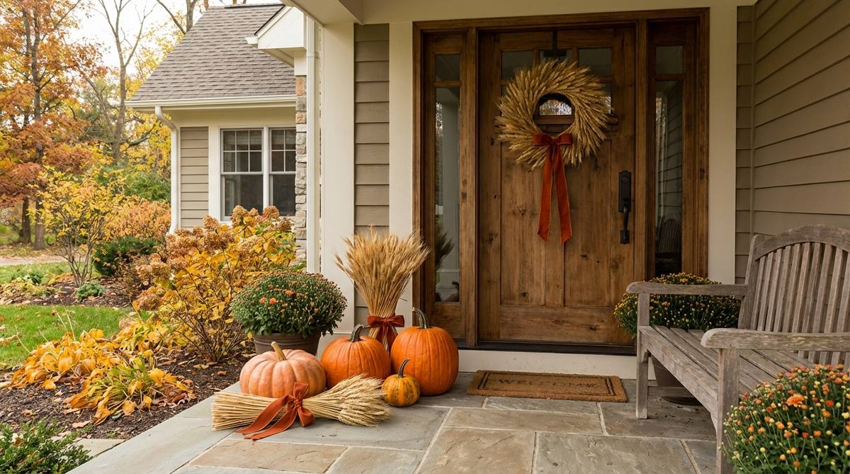 A cohesive fall outdoor decor arrangement showing a door wreath with dried wheat and orange ribbon coordinated with ground-level pumpkin arrangements featuring similar wheat bundles and ribbon-wrapped stems. Three to four pumpkins are positioned directly beneath the wreath to create visual continuity from door height to porch floor.