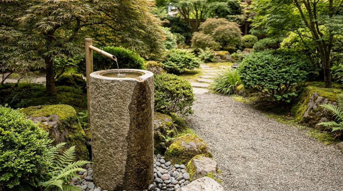 A tall cylindrical Yoraku-style columnar basin with water bowl carved into the top surface, positioned along a garden pathway as both water feature and sculptural element in a Japanese garden setting.