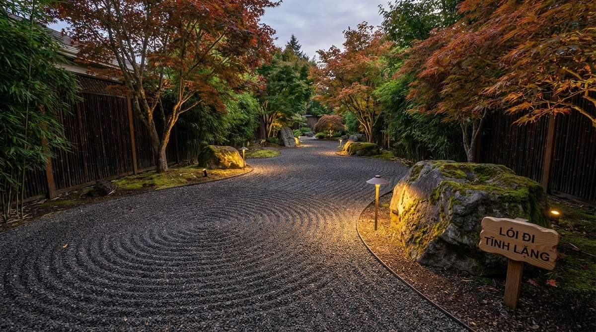 A circular or figure-eight gravel garden path designed for contemplative walking, featuring bamboo screens, Japanese maples, low-profile lighting, and raked concentric patterns in larger pea gravel with specimen boulders at focal points.