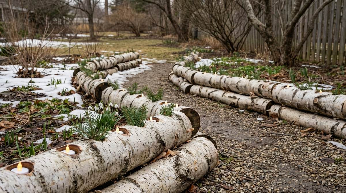 A close-up photo showing birch logs arranged along a garden pathway to create natural borders, with their distinctive white bark providing visual interest. The logs are stacked to form low walls, and some have shallow holes drilled in the tops to hold battery-operated tea lights or small evergreen sprigs, highlighting a sustainable garden design that transitions from winter to spring.