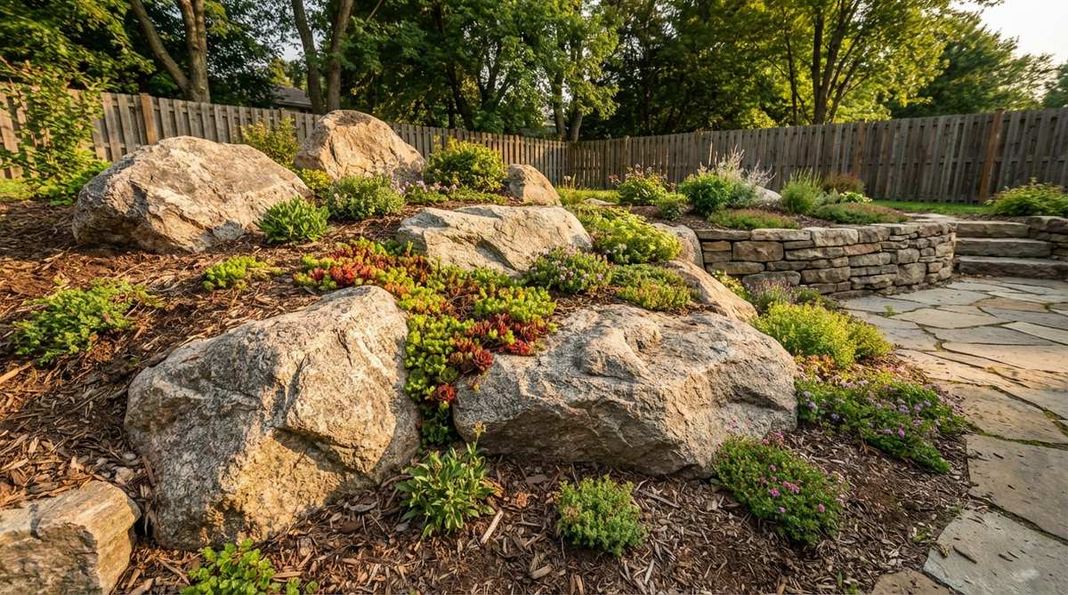 A naturalistic rock outcropping with large boulders partially buried to anchor planting schemes in a small garden space, featuring alpine plants and sedums in crevices.