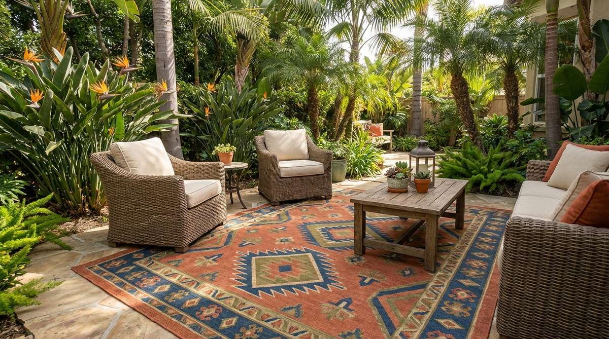 A vibrant, weather-resistant outdoor area rug in bold geometric or tropical patterns, defining a seating zone on a patio in a tropical garden setting. It adds comfort underfoot and visual warmth to hardscapes, with colors that complement but do not exactly match the surrounding foliage.