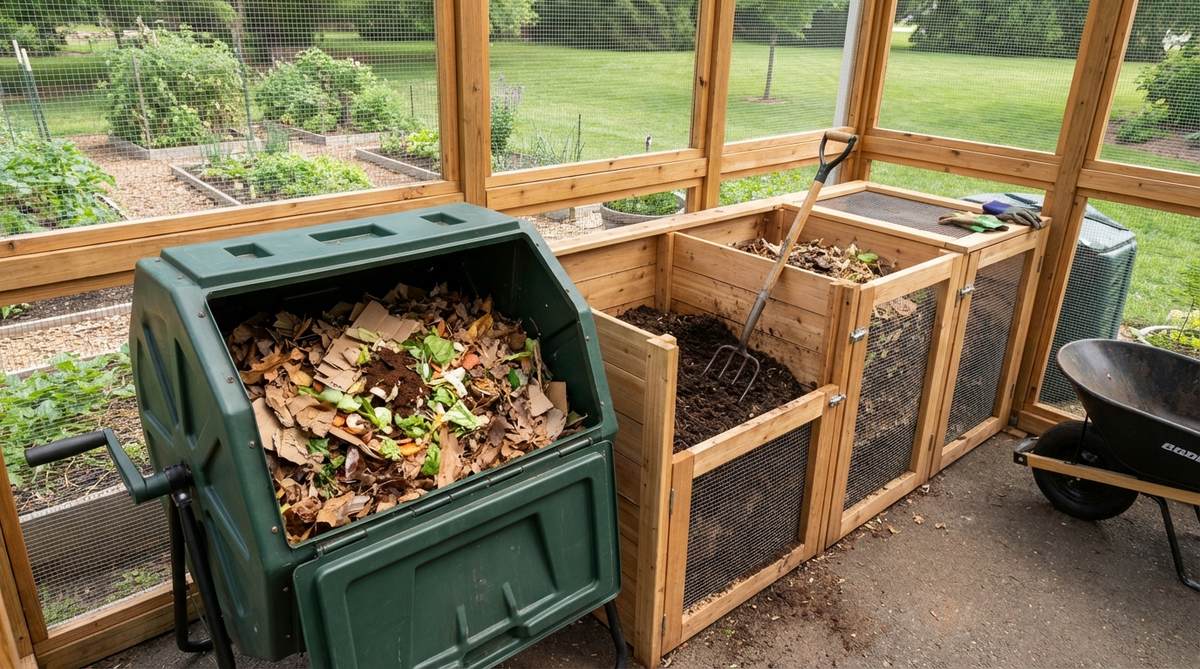 A tumbling composter and multi-bin system positioned in a screened utility area of a small backyard garden, showing balanced green and brown materials being turned for efficient decomposition to create valuable soil amendment.
