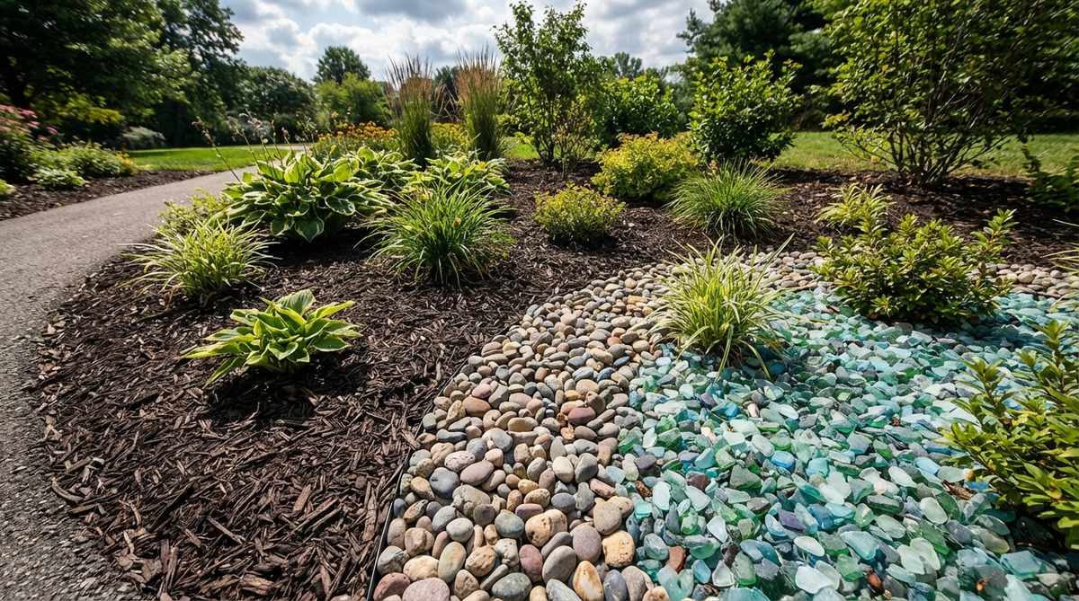 A close-up view of decorative mulch layers, including colored stone, glass mulch, and shredded bark, used to top planting beds in a small garden. This image illustrates how these materials unify garden beds while effectively suppressing weeds, with a focus on the contrast between inorganic and organic options for different garden styles and maintenance needs.