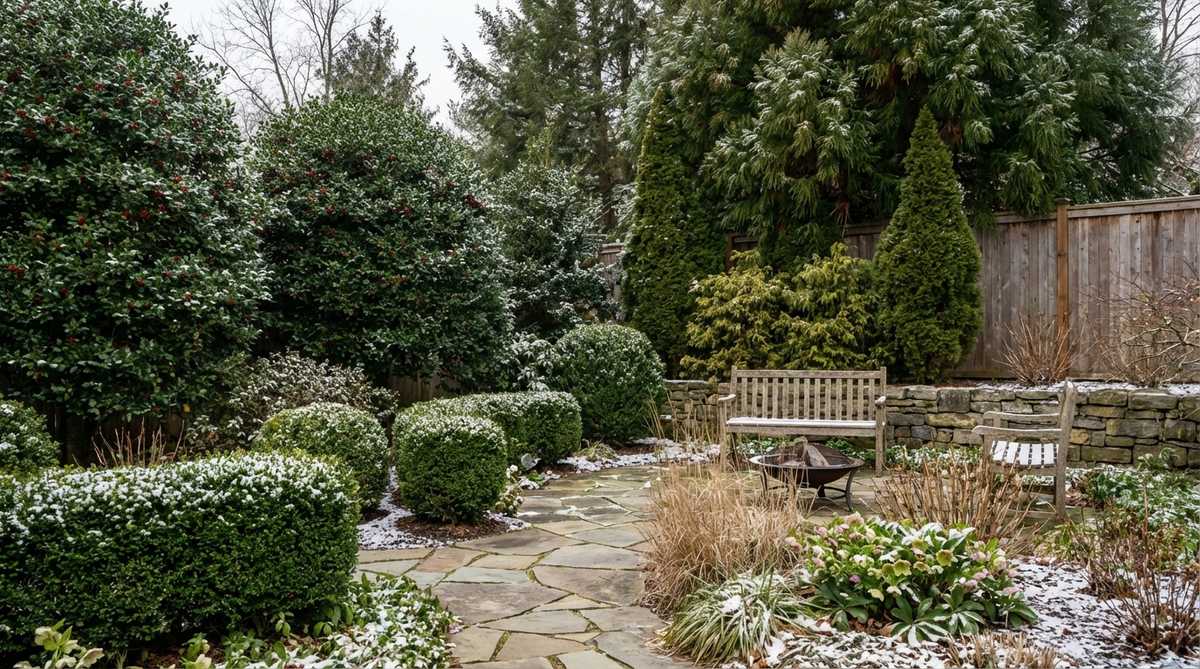 A cozy garden scene featuring evergreen shrubs and trees like boxwood, holly, and conifers that provide year-round structure and green backdrops, anchoring seasonal displays of perennials and annuals for a visually appealing winter garden.