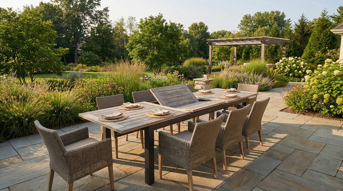 An outdoor extending dining table with expandable leaves, made from weather-resistant materials like teak or aluminum, showcasing smooth extension mechanisms for flexible seating of 8-10 guests.