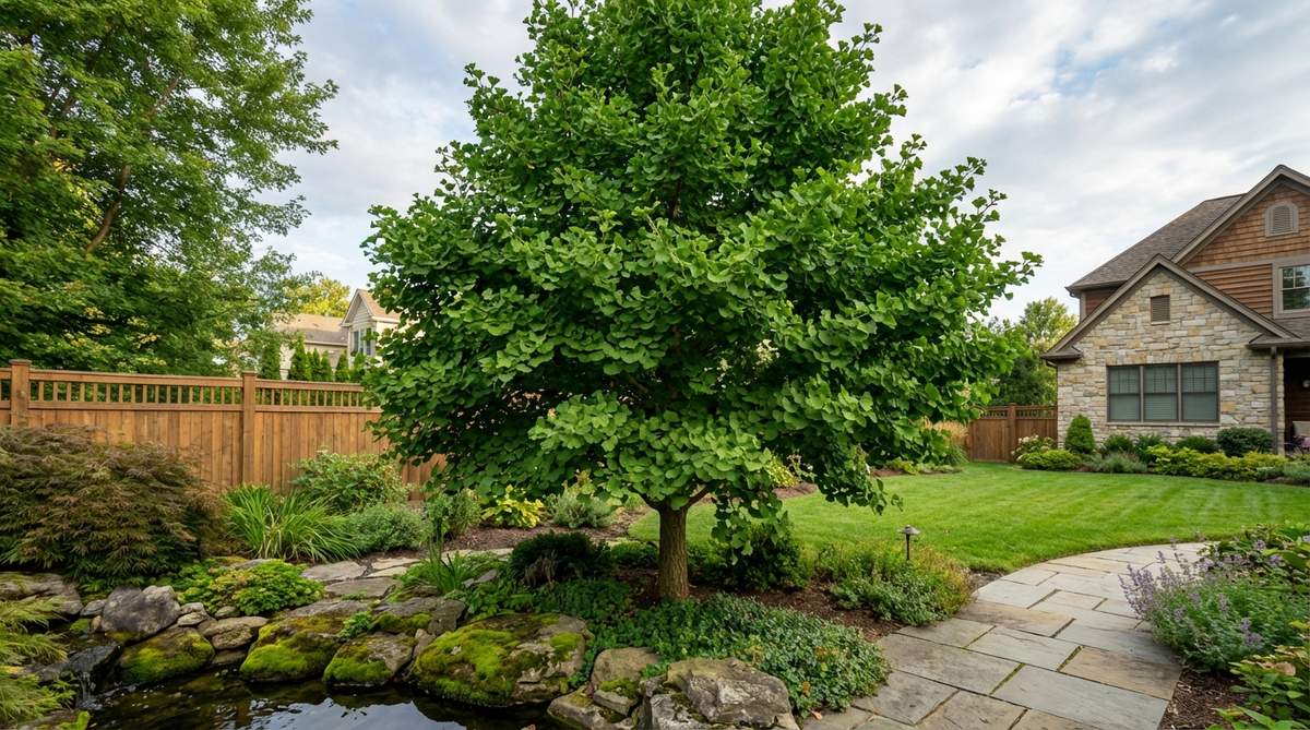 A Ginkgo biloba bonsai tree with distinctive fan-shaped leaves, showcasing its ancient lineage and uniform butter-yellow autumn color in a Japanese garden setting, highlighting slow growth and pruning techniques for long-term development.