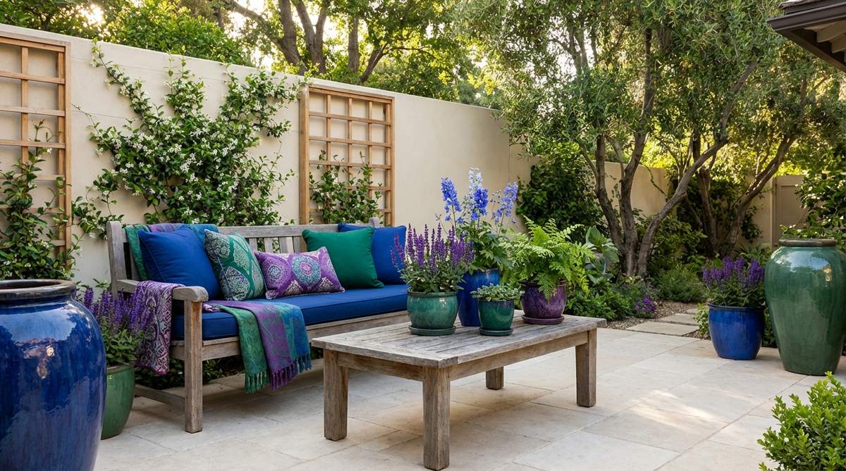 A boho garden scene featuring sapphire blue, emerald green, and amethyst purple jewel tones through cushions, ceramic accents, and flowering plants like purple salvias and blue delphiniums, balanced with neutral backgrounds of cream, beige, and natural wood tones.