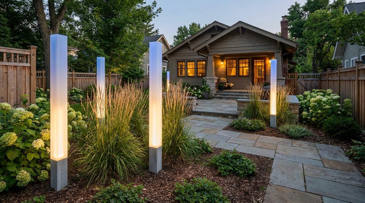 Illuminated vertical LED light columns with color-changing or static white LEDs, featuring frosted acrylic or concrete housings that diffuse light evenly. These garden decor ornaments serve as nighttime focal points, with programmable color sequences for seasonal themes or events. Their clean forms blend into plantings during daylight and emerge as striking light features after dark.