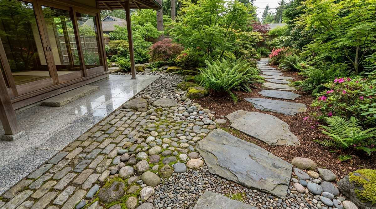 A Japanese garden pathway showing a gradual material transition from formal cut stone near structures through cobbles and river rock to natural stepping stones in remote areas, illustrating the journey from human to natural realms with overlapping materials in intermediate zones.