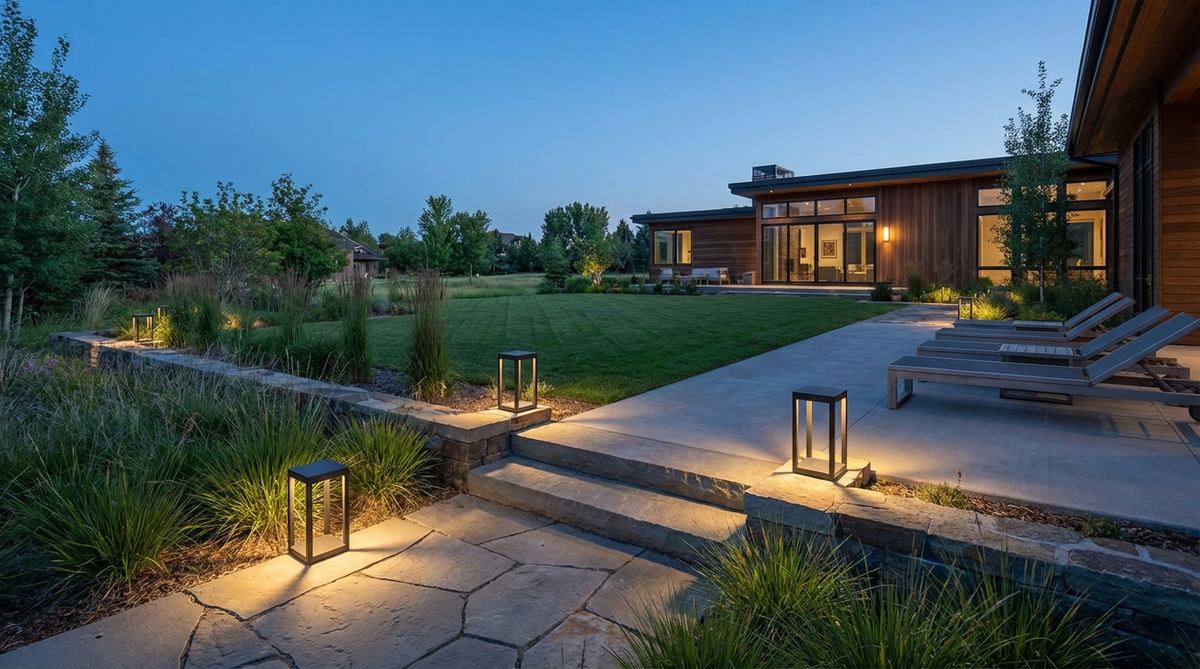 Geometric cube fixtures in powder-coated aluminum providing minimalist illumination for contemporary landscapes, emphasizing light output over decorative elaboration.