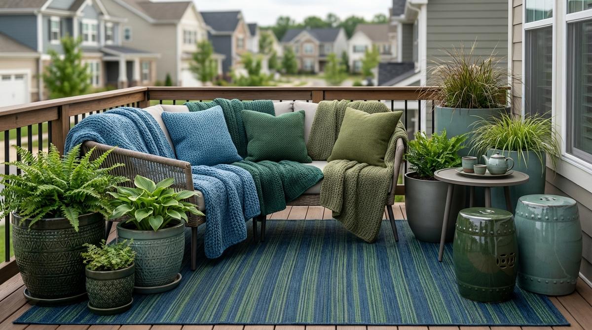 A sophisticated balcony decor featuring a monochromatic color scheme with varied shades of blue or green, showcasing textured elements like ceramics, woven textiles, and matte-glossy finishes for visual cohesion.