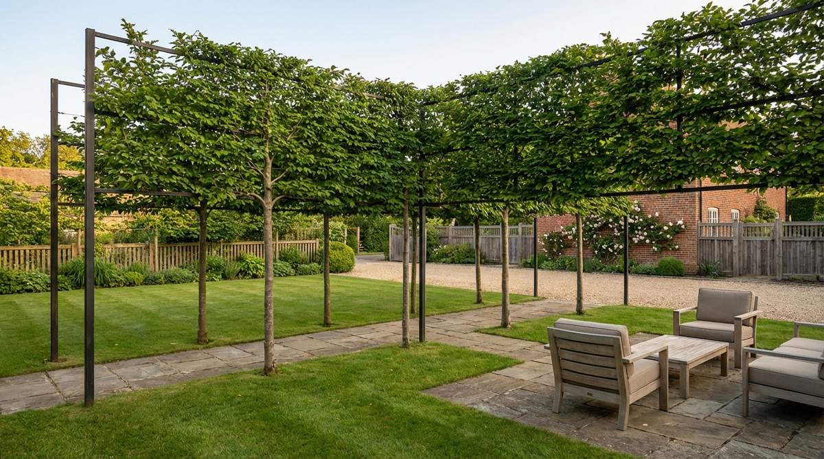 A formal living wall created by pleached trees with horizontal branches and cleared trunks, providing elevated screening while maintaining open space below. Features hornbeam, linden, or crabapple varieties trained on support frames, with annual pruning to maintain geometric form and dense screening effect.