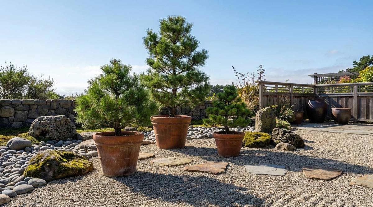 A group of three to five container-grown pines in varying sizes arranged on a gravel terrace, serving as moveable sculpture in a zen garden setting.