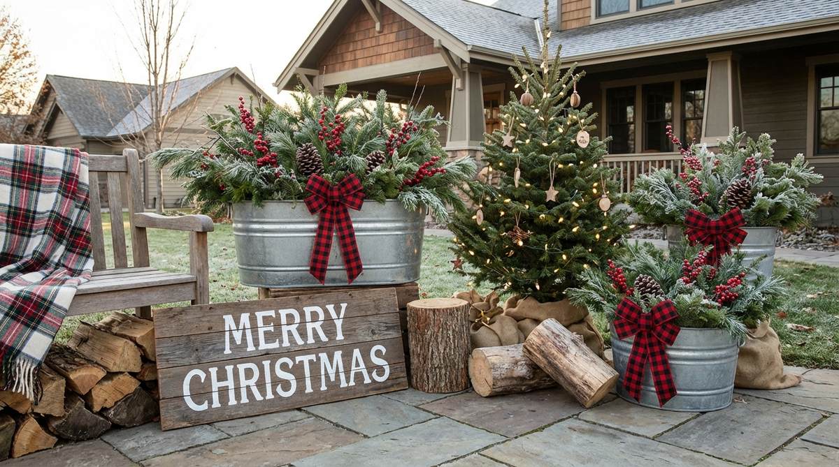 Outdoor Christmas decor featuring rustic farmhouse style with galvanized metal containers, plaid textiles, natural wood elements, weathered signs, and buffalo check ribbons for authentic country charm.