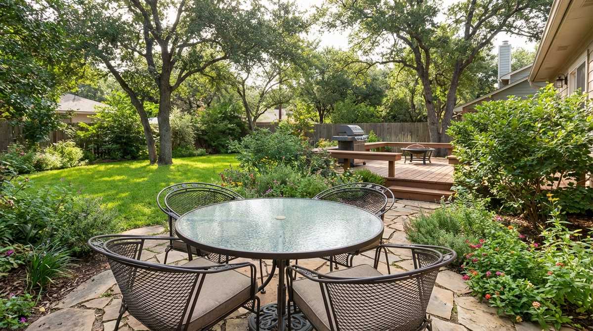 Glass-topped table and open-back chairs in a small backyard garden, minimizing visual obstruction and enhancing the sense of openness with metal or acrylic materials.