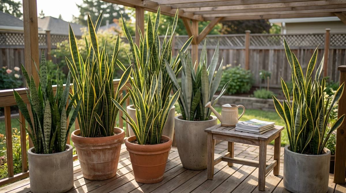 A grouping of Sansevieria plants with vertical, variegated foliage, showcasing architectural forms suitable for balcony decor. These low-maintenance plants thrive with infrequent watering and varying light levels, ideal for busy lifestyles or vacation homes.