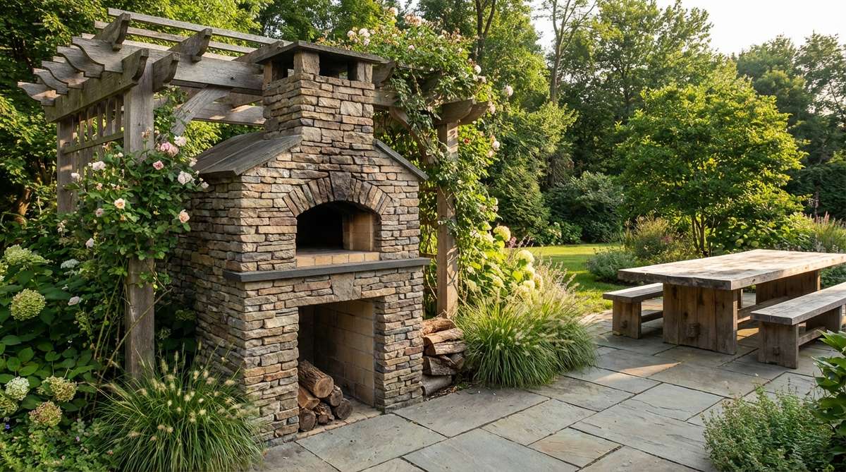 A rustic stone pizza oven built as an outdoor masonry structure with firebrick interior and stone veneer exterior, positioned safely away from combustibles with proper heat dissipation clearance. This wood-fired cooking appliance serves as both a functional kitchen feature and an entertainment focal point in stone garden designs.