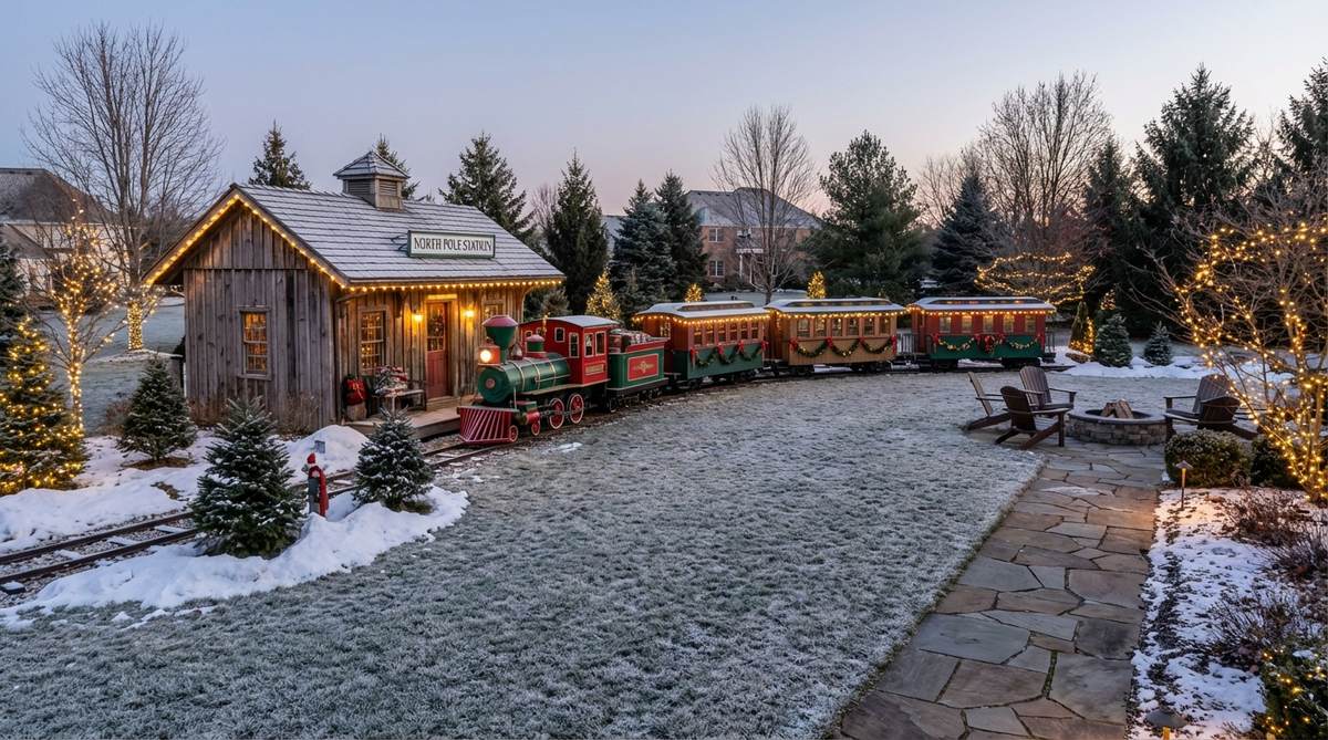Vintage-style train decor with track elements, station house, and passenger cars arranged across a lawn for Christmas outdoor decoration. Features lighted versions for evening display and creates a magical winter journey theme.