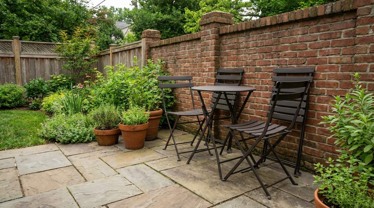 A space-efficient two-person bistro set with folding capabilities, ideal for small gardens, featuring a metal design that weathers well and stores flat against walls when not in use.