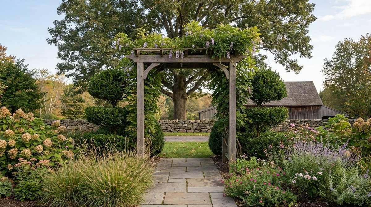 An illustration of a small backyard garden using the borrowed scenery framing technique, with pruned trees and an arbor directing attention to a distant tree or structure beyond the property line, showcasing how this Asian design principle expands perceived space.