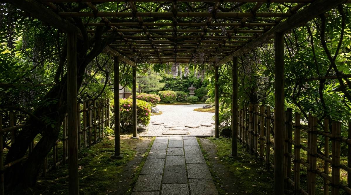 A wisteria-draped arbor or bamboo tunnel creating an enclosed passage between garden rooms in a Japanese garden, with overhead cover providing physical and psychological separation. The image shows the dramatic contrast of emerging from the tunnel into open space, illustrating the transitional experience described in the article.