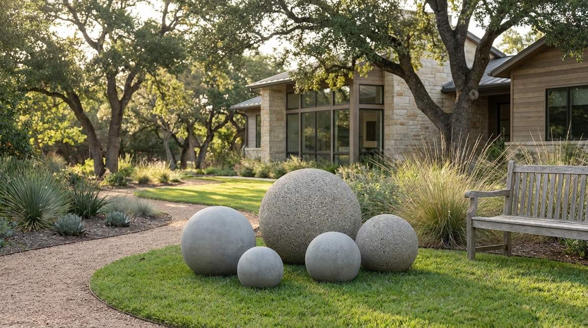 Modern concrete spheres in various sizes from 12 to 36 inches, featuring smooth or aggregate-exposed finishes. These neutral gray geometric ornaments are perfect for contemporary residential and commercial landscapes. Ideal for grouping in odd-numbered clusters or using as standalone focal points on lawns, offering weatherproof durability with lighter weight than stone alternatives.
