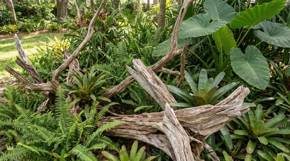 A close-up photograph showcasing weathered driftwood and natural branches artfully arranged among lush tropical plantings, adding organic texture and sculptural elements to enhance jungle aesthetics in a garden setting.
