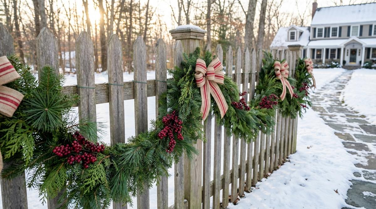 Fresh-cut evergreen branches wired to fence pickets or rails, creating overlapping patterns with floral wire. Features natural texture and authentic fragrance, enhanced with weatherproof ribbon bows and artificial berry clusters for color accents. These decorative swags remain attractive for 4-6 weeks during winter before requiring replacement.